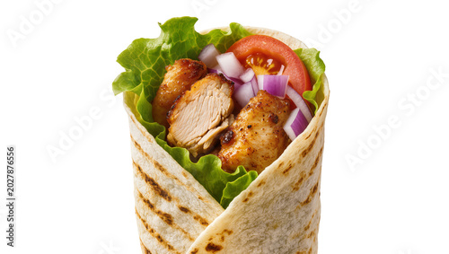 Fotografi Grilled chicken wrap with lettuce tomato and onion, isolated on transparent back