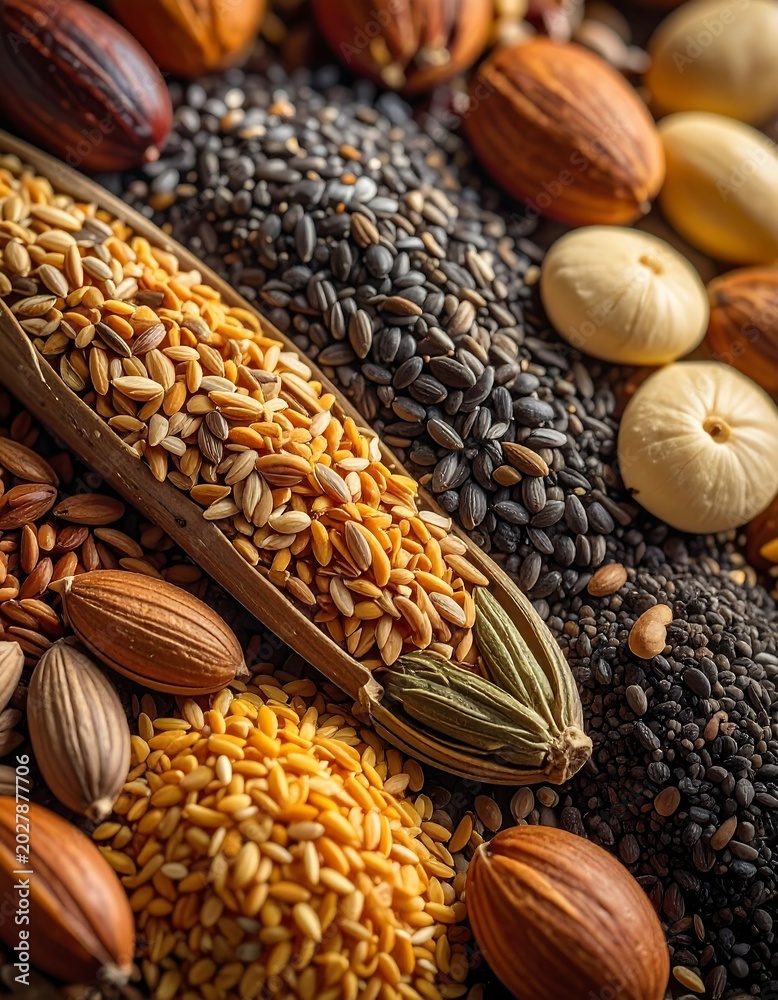 Obraz premium Seed Biodiversity Macro Cluster – Sustainable Food Ingredient Background for Eco Branding