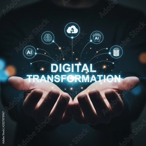 A person holds digital transformation concepts in their hands with glowing icons and text in a dark background