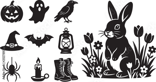 Halloween icons and black bunny in flowers