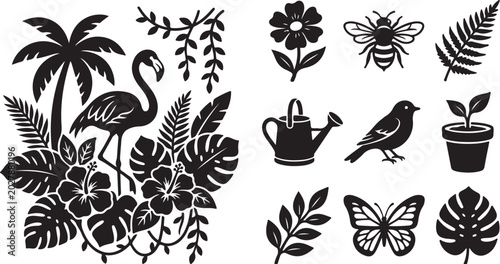 Tropical plants and animals in black silhouette style