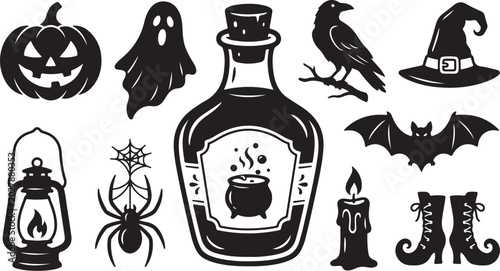 Halloween icons and symbols in black and white