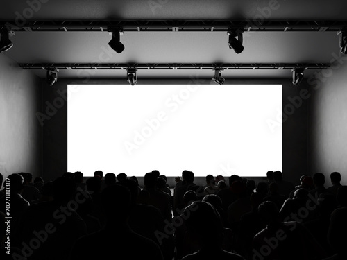 Fotografija Blank white large screen in conference room mockup with audience 3d render