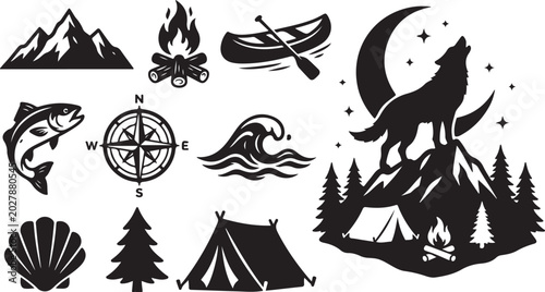 Outdoor Adventure Icons and Nature Symbols Collection
