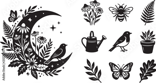 Black and white illustration of garden icons set