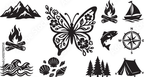 Outdoor Adventure Icons and Nature Symbols Collection