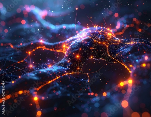 Abstract AI neural network visualization with glowing nodes and digital connections on a dark futuristic technology background. High-tech machine learning concept featuring data flow, artificial intel