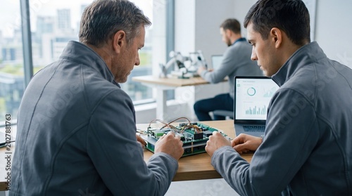 Two engineers examining electronic circuit board prototype, hardware development team collaboration, technology innovation lab, electrical engineering design process, computer
