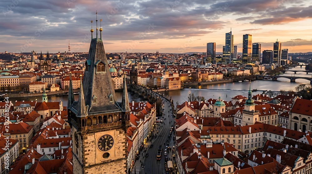 Obraz premium Gothic bridge tower and historic european cityscape at sunset with modern