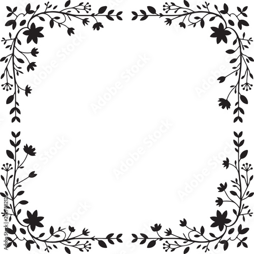 A beautiful black floral frame composed of intertwining vines and flowers surrounding a white center