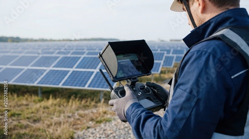 Engineer inspecting solar panels with drone controller, renewable energy maintenance, sustainable power plant technology, professional technician checking photovoltaic system