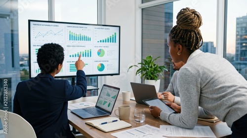 Business team discussing ESG investment strategy and sustainability scores on a large screen in a bright office, focusing on corporate social responsibility goals.