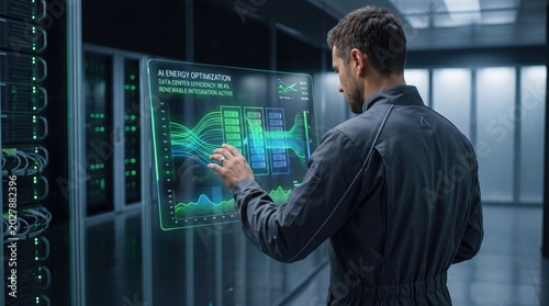 Data center engineer managing AI energy optimization system via holographic interface showing renewable integration active status and efficiency metrics in server room with rack