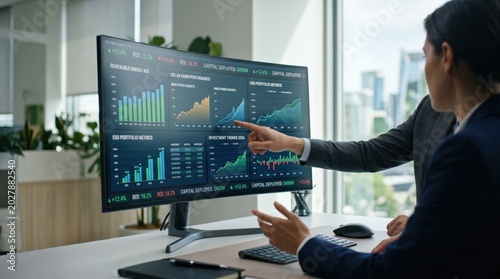 Financial team reviewing ESG portfolio metrics and renewable energy ROI on computer screen, investment strategy meeting in bright office space.