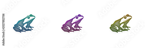 Three colorful frog icons in blue purple and green