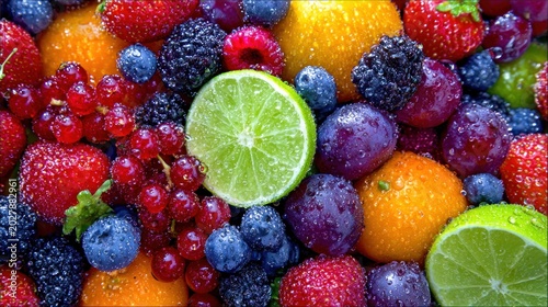 Assortment of fresh, colorful summer berries and citrus slices covered in small water droplets