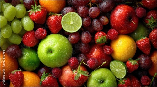 Abundant assortment of colorful fresh fruit creates a vibrant, natural background display