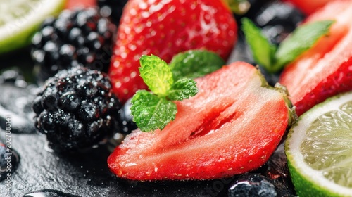 Freshly cut strawberries and dark berries rest upon a wet, dark surface next to citrus slices.
