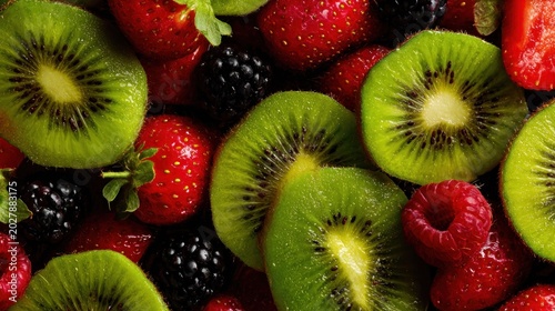 Brightly colored slices of kiwi and various berries create a vibrant, textured fruit background.