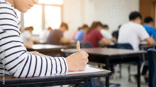 Student writing exam in classroom with blurry background of classmates sitting at wooden desks during test session in university lecture hall focus on hand and pen