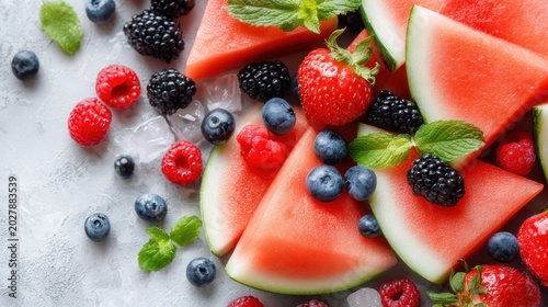 Assorted fresh summer fruits and berries are scattered atop a light textured surface with melting ice pieces.