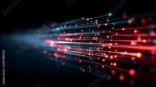 Abstract background of highspeed digital data transmission with glowing red and blue light trails