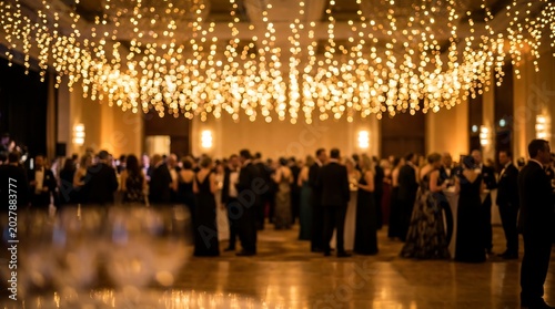 Elegant evening party with crowd of people standing under hanging string lights in luxurious ballroom for wedding or formal event