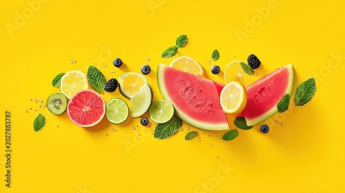 Slices of colorful summer fruits and mint leaves are scattered across a vibrant yellow background