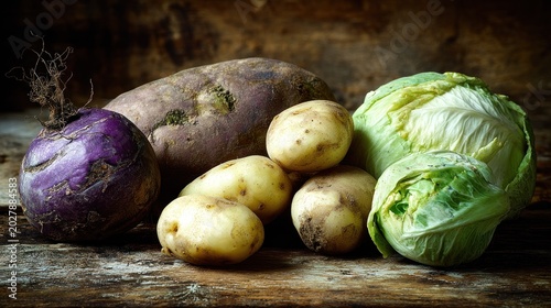Assortment of fresh root vegetables and leafy cabbage rests upon rustic wooden surface