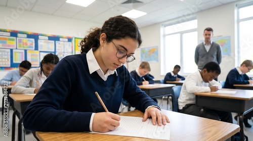 Serious female student with curly hair wearing glasses writing on exam paper in quiet classroom with teacher standing in back while other students focus on their tests at desks