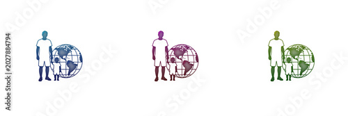Father and child standing with world globe icons