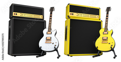 Cuadro en lienzo Set of amplifier with acoustic guitar isolated on white background