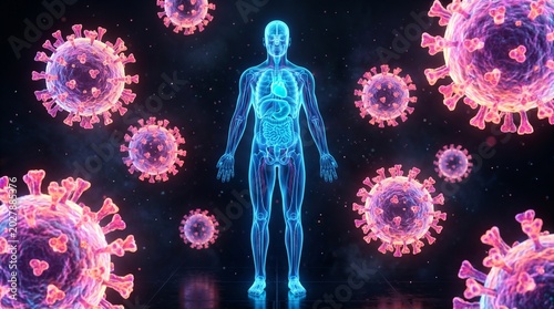 3D anatomy illustration of human anatomy surrounded by coronavirus particles