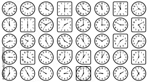 Clocks analog set with various times and styles displayed in grid featuring time, collection, hours with minutes and black elements for white, round
