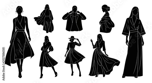 Set of black fashion silhouettes of women in stylish dresses