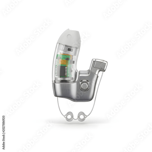 Futuristic Digital Hearing Aid with Transparent Case Showing Internal Microchip and Circuitry, Modern Audiology Medical Device Isolated on White Background