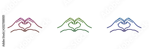 Colorful hands making a heart shape line art icon set