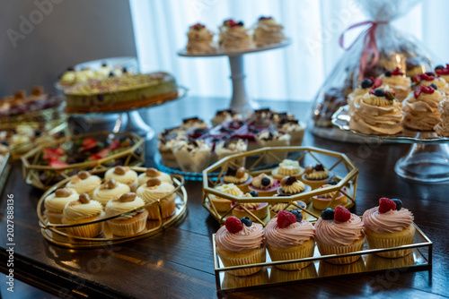 Elegant dessert table with cupcakes, tartlets, cakes and fruit pastries served on decorative trays at luxury celebration or wedding reception indoors.