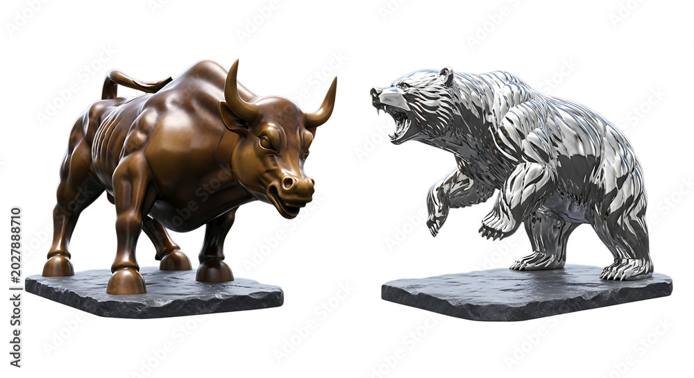 Fototapeta premium Bronze Bull and Silver Bear Statues Facing Each Other on Dark Bases, Representing Stock Market Trends and Financial Concepts