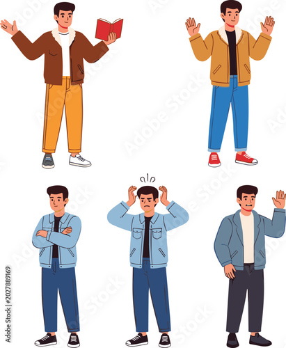 Men Expressing Different Emotions and Gestures in Casual Outfits for Character Design, Lifestyle, and Illustration Concepts