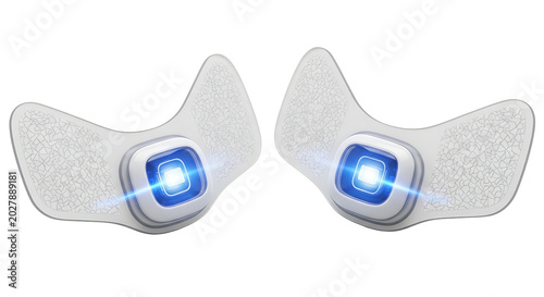 Futuristic white eye patches with glowing blue lights and textured surfaces, isolated on a transparent background, symbolizing modern health and beauty.