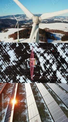 Wind power, solar energy and transmission towers in snowy environment. Green investment and renewable infrastructure concept.