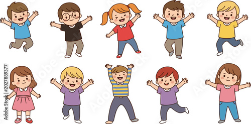 Group of cheerful cartoon children jumping and smiling together in colorful outfits on white background vector illustration