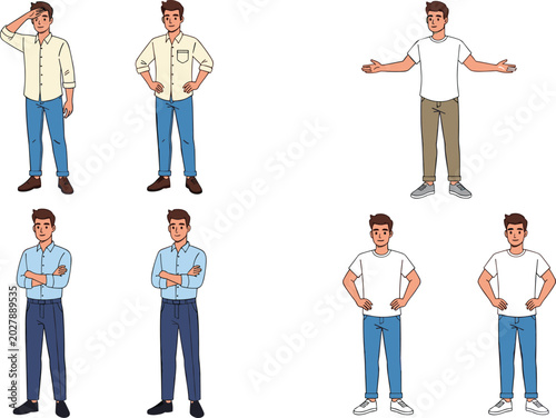 Men Standing in Various Casual and Confident Poses Wearing Modern Outfits for Fashion, Lifestyle, and Character Design Illustration