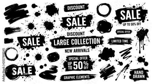 Sale banner set with hand-drawn grunge elements and discount labels featuring special offer, up to 50% off, limited time with new arrivals and large