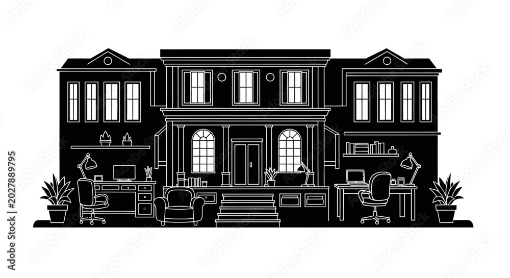 Fototapeta premium Modern Home Office Architecture Silhouette with Two Workstations