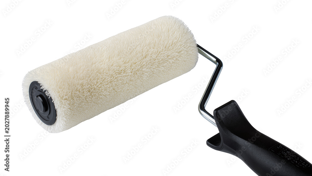 Fototapeta premium Fluffy cream paint roller with black handle, isolated on transparent background