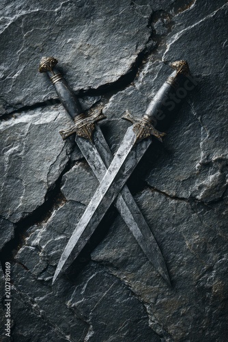 Two crossed vintage daggers with ornate metal hilts lying on a dark textured slate stone background, high angle studio shot.