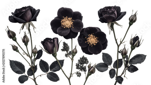 Slika na platnu Dark black roses with buds and leaves, isolated on transparent background
