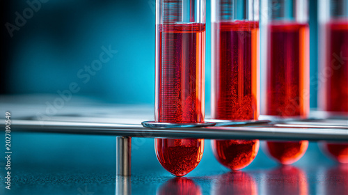 Macro shot of blood vials on steel rack over blue bench. Studio light accentuates red liquid and metal textures. Perfect for healthcare sites, biotech branding, and medical campaigns with copy space.